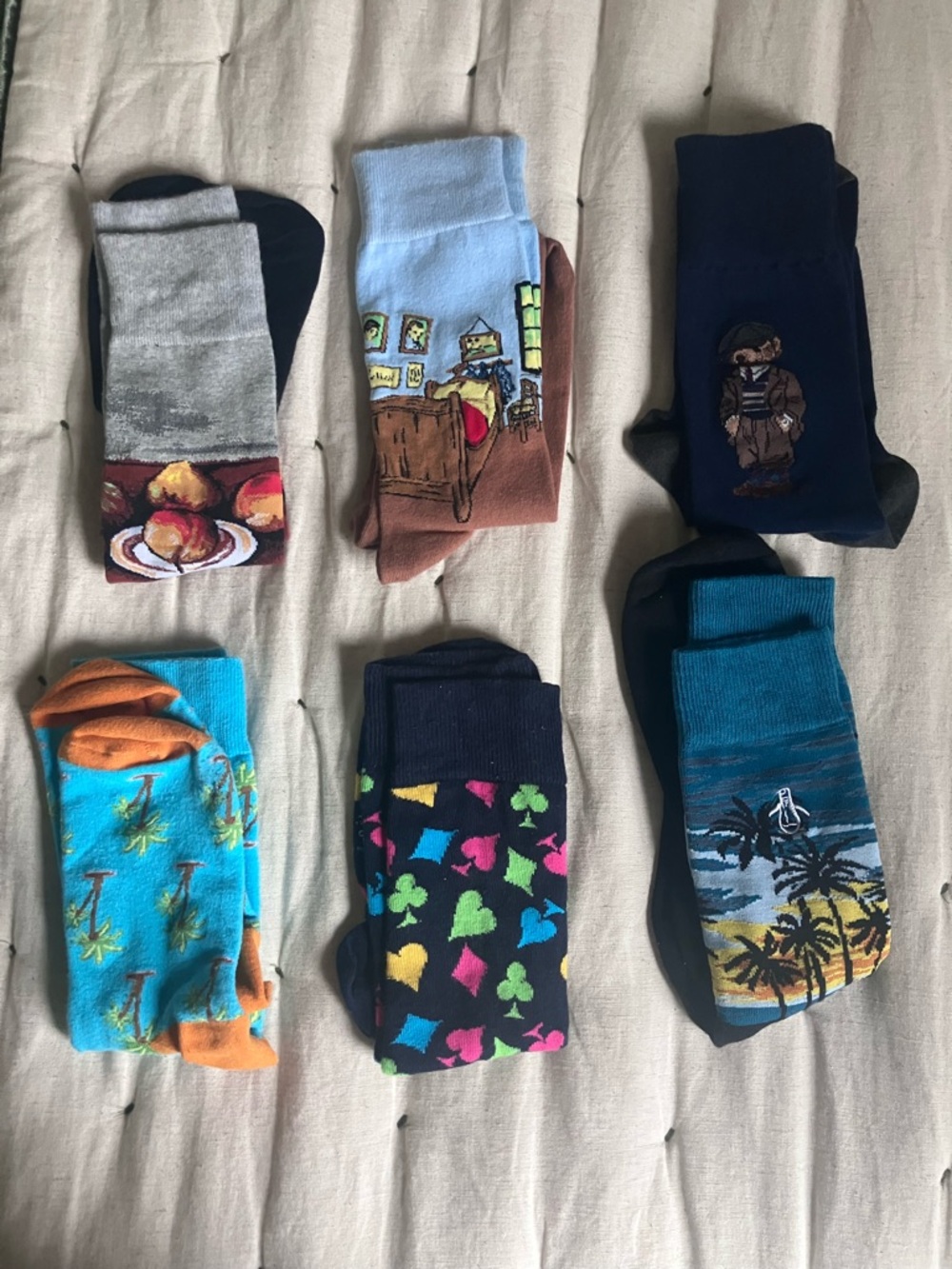 Men's Colorful Patterned Crew Socks - Blue, Teal, Orange, Black, Gray, Brown